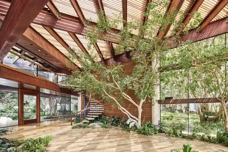 Wide-angle shot of the Arboretum Pavilion, showing a large indoor tree beneath the high wooden vaulted roof, emphasizing the open space and light penetration.