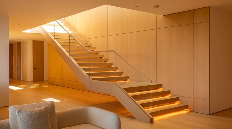 Modern interior staircase with floating wood treads, glass railings, and subtle under-lighting, bathed in natural sunlight.