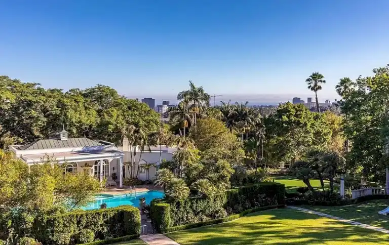 Panoramic garden and city view from Casa Encantada Bel Air Los Angeles.