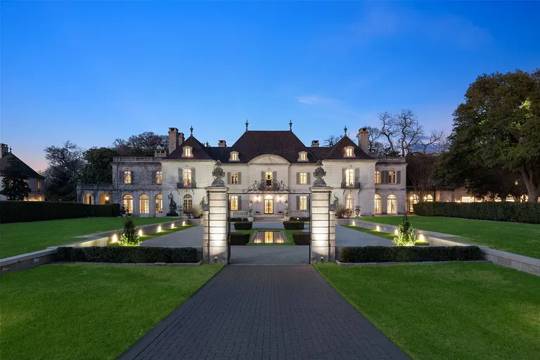 Night aerial view of Crespi Estate, the most expensive home in Texas.