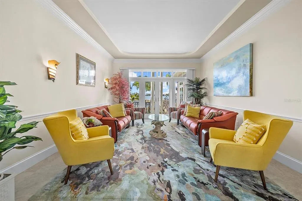 Aerial view of luxurious Nokomis Home for sale with deep-water dock and bay access