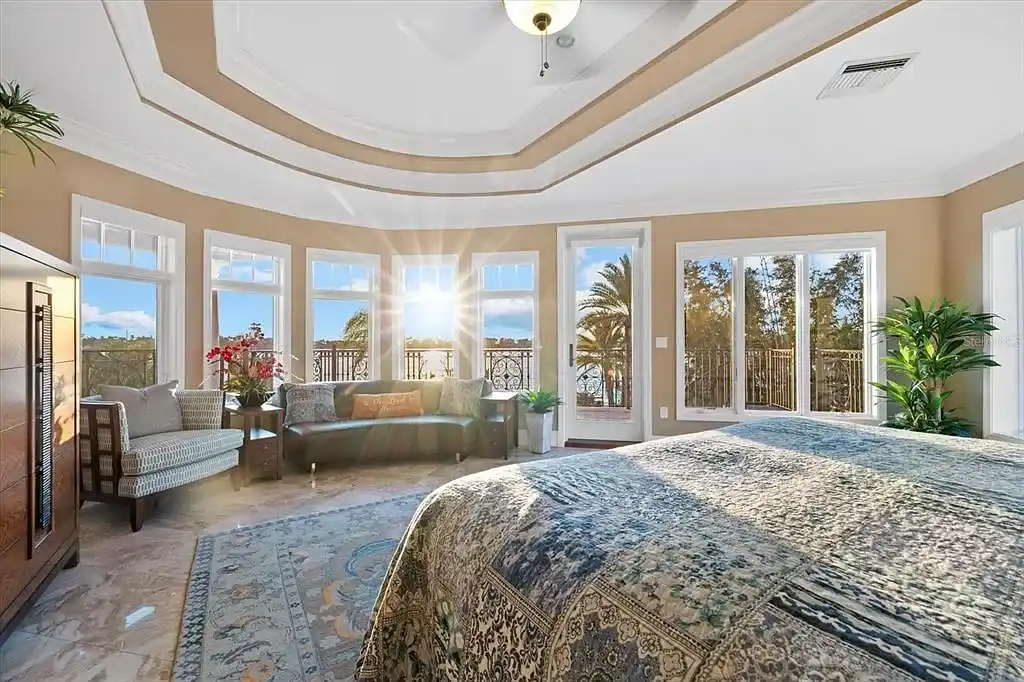 Aerial view of luxurious Nokomis Home for sale with deep-water dock and bay access