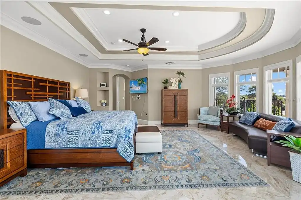 Aerial view of luxurious Nokomis Home for sale with deep-water dock and bay access