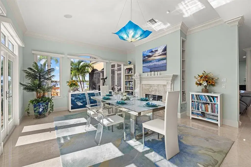 Aerial view of luxurious Nokomis Home for sale with deep-water dock and bay access