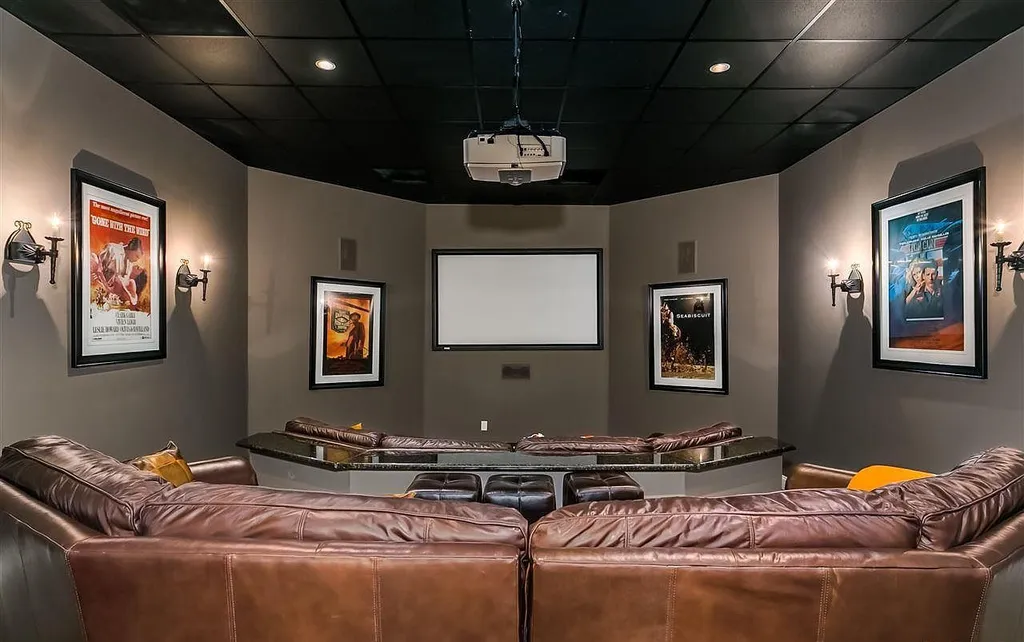 Private home theater at 2470 Cahaba Valley Rd, Indian Springs, Alabama, featuring leather recliners, surround sound, and cinematic lighting, showcased in Luxury Houses Magazine.