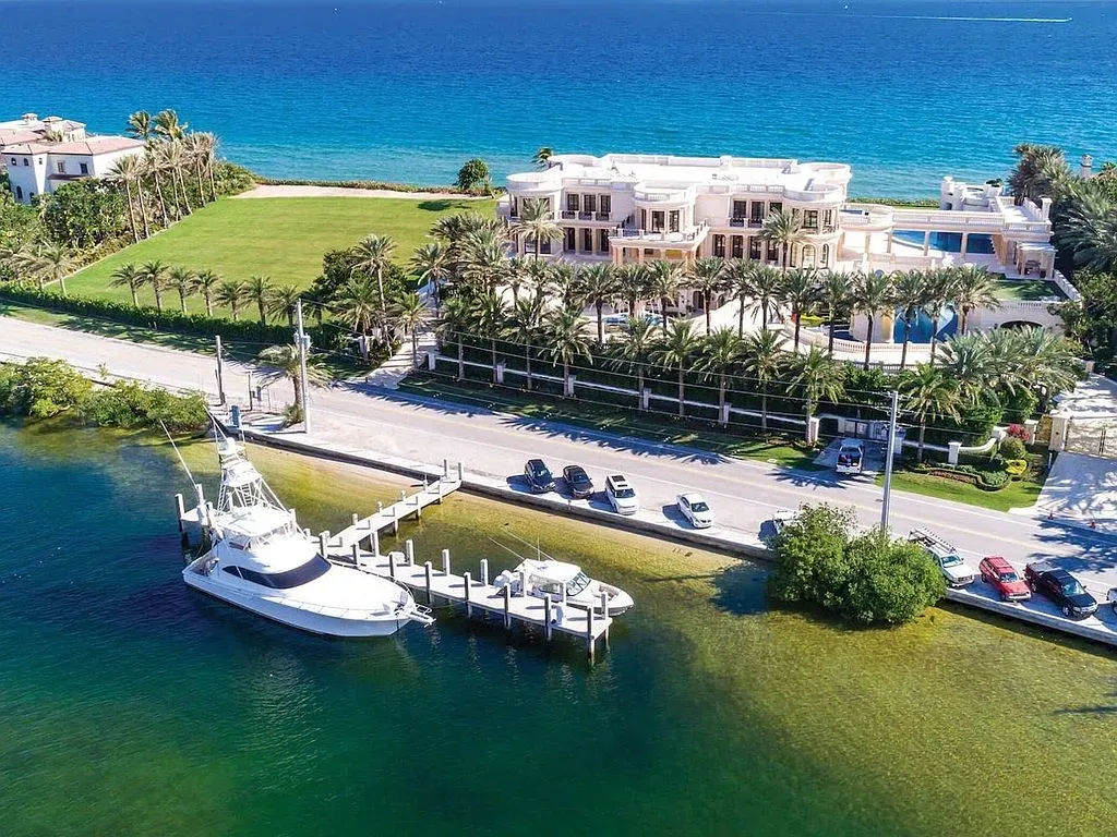 The 5 Biggest Houses in Florida and Their Insane Amenities (2025 Ultimate List) 4 Drone view of Playa Vista Isle at 935 Hillsboro Mile, Hillsboro Beach, showing the vast 56,000 sq ft mansion and its direct oceanfront location.