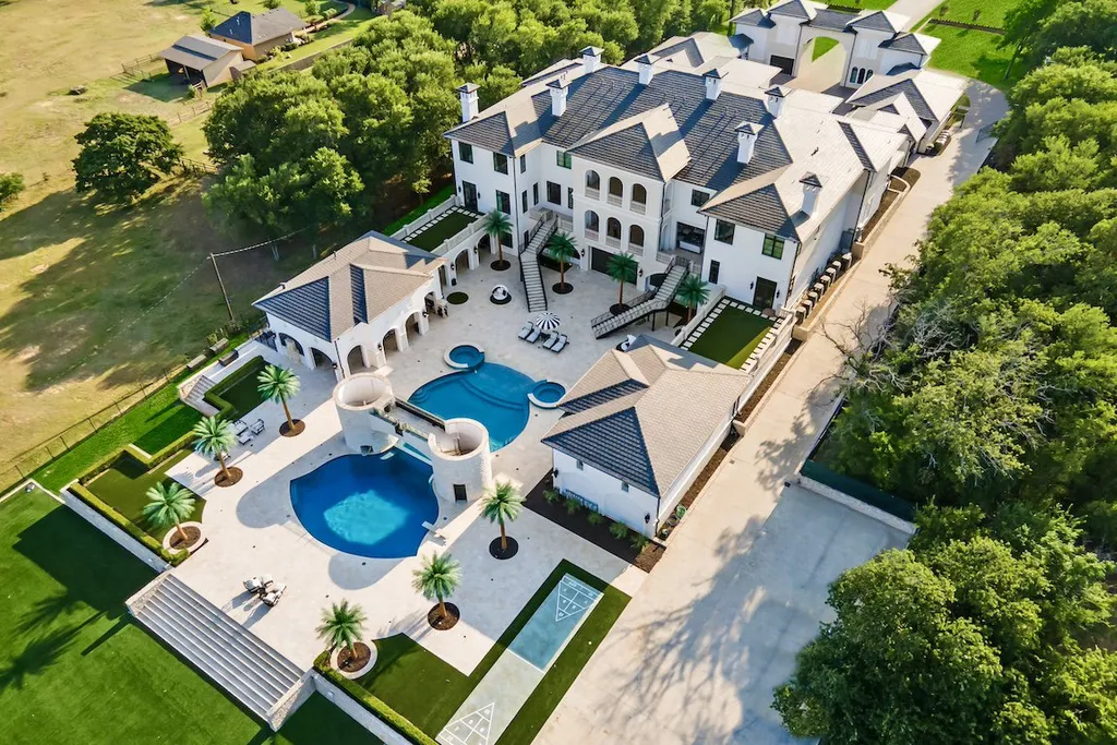 The 5 Largest Houses in Texas Ranked by Verified Square Footage (2025) 2 Aerial drone view of The Southlake Sanctuary mansion at 1469 Sunshine Lane, Southlake, Texas, showing the 31,234 sq ft compound and castle-like pool area.