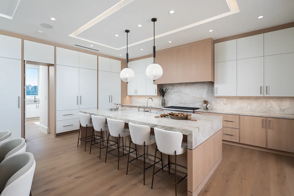 Interior and exterior views of 223 Bayview Avenue Naples FL showing 6-bedroom waterfront estate with modern coastal design, infinity pool, elevated terrace, and private dock.