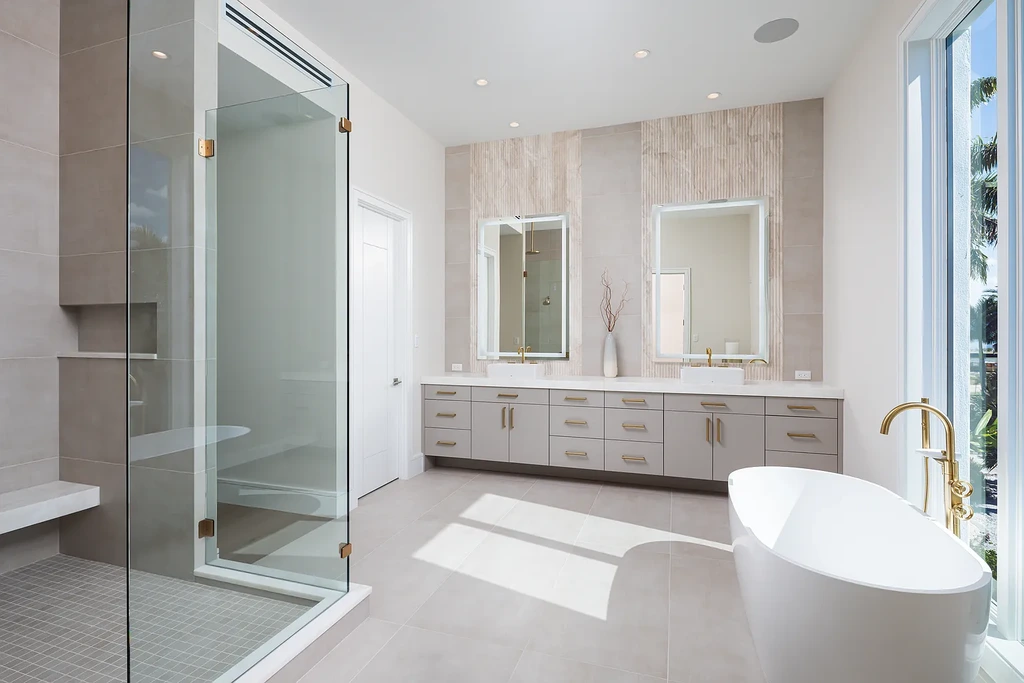 Interior and exterior views of 223 Bayview Avenue Naples FL showing 6-bedroom waterfront estate with modern coastal design, infinity pool, elevated terrace, and private dock.