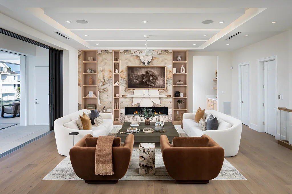 Interior and exterior views of 223 Bayview Avenue Naples FL showing 6-bedroom waterfront estate with modern coastal design, infinity pool, elevated terrace, and private dock.