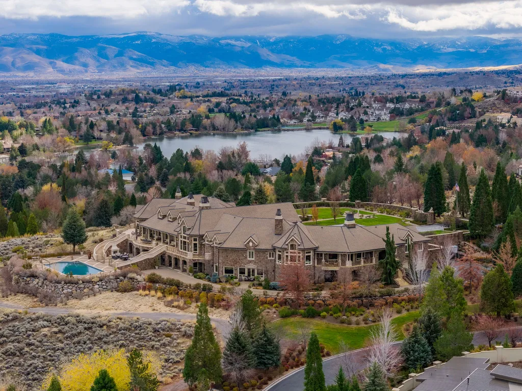 The Pennington Mansion at 2490 Manzanita Ln Hits the Market for $13,950,000, Introducing One of Reno’s Most Spectacular Trophy Estates 2 Aerial view of the Pennington Mansion at 2490 Manzanita Ln in Reno Nevada overlooking the surrounding landscape lake and Sierra mountains.