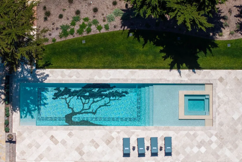 Oceanfront Masterwork Listed at 43 Million Presents One of Southern California’s Most Extraordinary Blufftop Estates 10 Aerial view of the custom mosaic swimming pool at 4130 Calle Isabella in San Clemente, featuring an intricate tree design and adjacent spa.