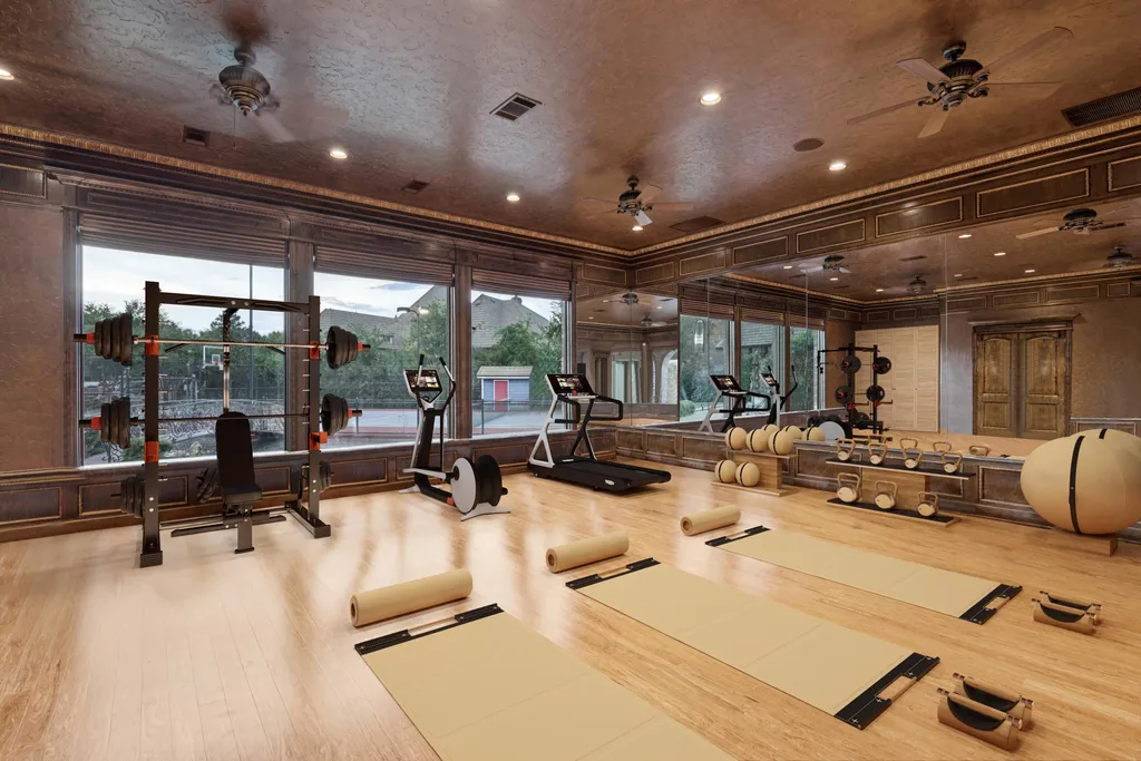 Castle Estate Heads to Auction at 6 Million as a Hilltop Masterpiece in Fort Worth 9 Luxury private home gym at 9553 Bella Terra Dr Fort Worth Texas with mirrored walls hardwood floors strength training equipment cardio machines and yoga area