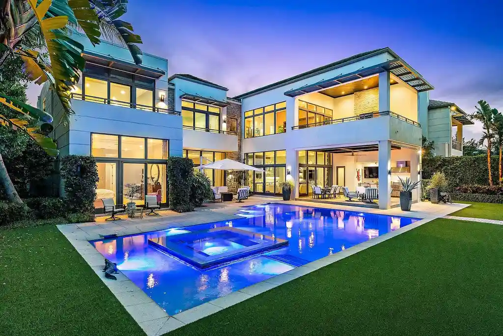 Exquisite $12.8 Million Intracoastal Masterpiece Redefining Elite Waterfront Living in Palm Beach Gardens 6 Aerial view of 14646 Watermark Way showcasing private dock and direct Intracoastal Waterway access