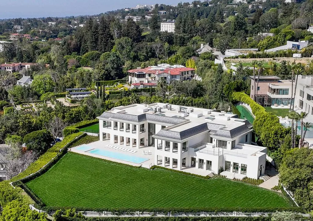 Most Expensive Homes Ever Sold in California 21 Modern hillside estate at 630 Nimes Road Bel Air with large lawn and panoramic Los Angeles views
