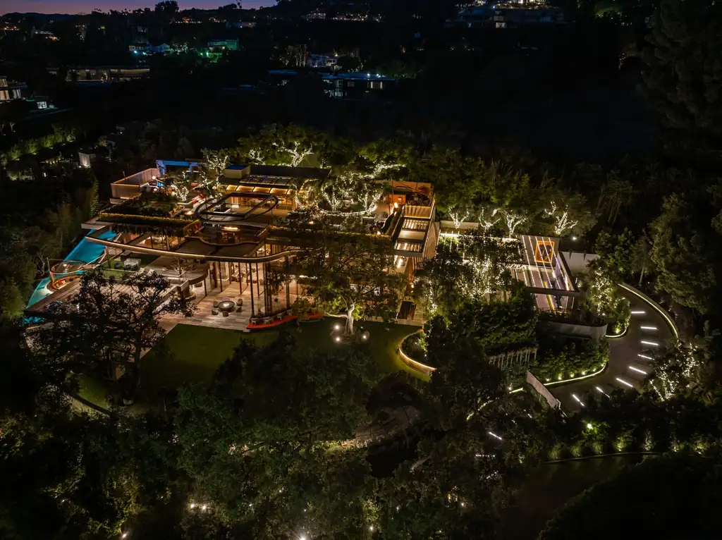 Most Expensive Homes in California 6 aerial night view of 607 Siena Way showing full estate layout and illuminated landscape