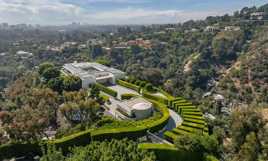 Most Expensive Homes in California 2 aerial view of Angelo Estate Beverly Hills showing landscaped driveway and hillside setting