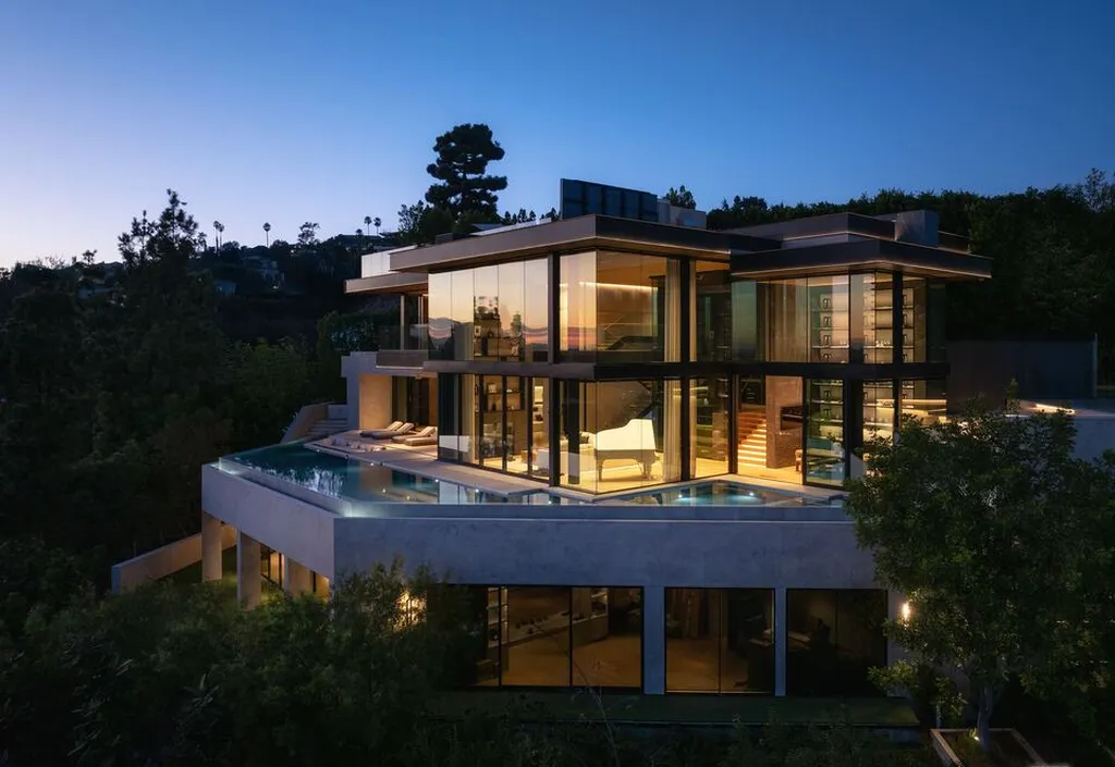 Most Expensive Homes in California 36 ultra modern luxury estate with glass walls and multiple levels overlooking Los Angeles
