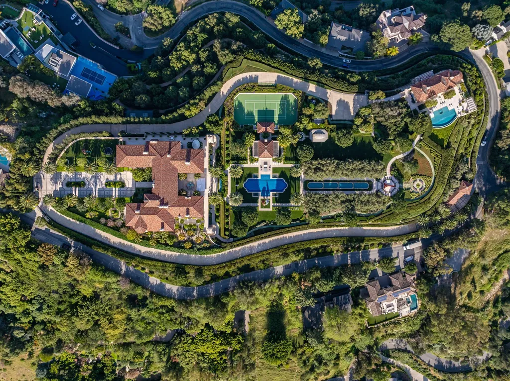 A Bel Air Estate That Redefines the Upper Limits of Global Luxury 14 top aerial view of Chalon Road estate in Bel Air showing full property layout with mansion, gardens, tennis court, and surrounding hills