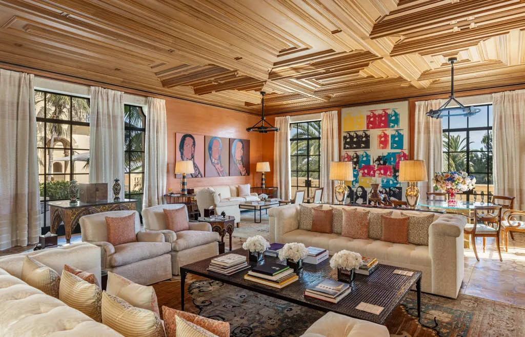 A Bel Air Estate That Redefines the Upper Limits of Global Luxury 4 luxury living room inside Chalon Road estate in Bel Air featuring coffered ceiling, curated artwork, and expansive seating area