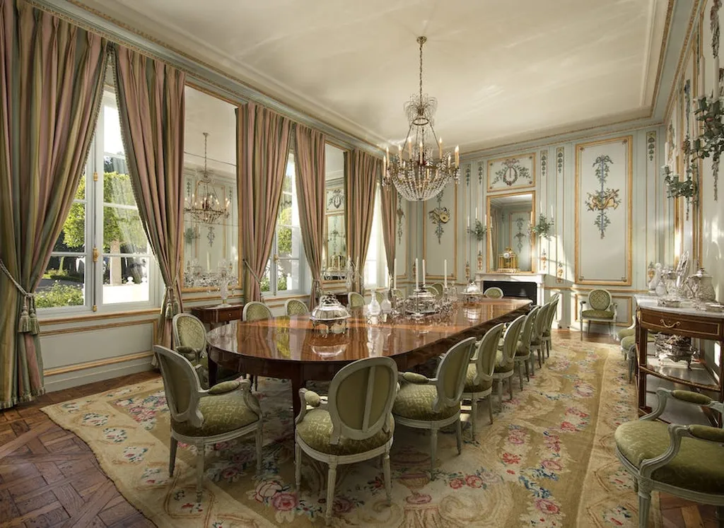 Chartwell Estate: One of the Most Iconic Estates in Bel Air Los Angeles 5 Formal dining room at Chartwell Estate with chandelier and classic French style decor in Bel Air Los Angeles