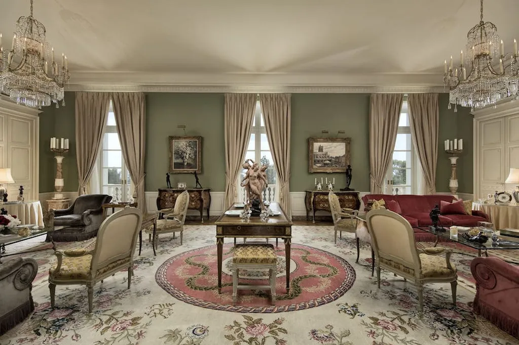 Chartwell Estate: One of the Most Iconic Estates in Bel Air Los Angeles 4 Formal living room at Chartwell Estate with classical decor and chandeliers in Bel Air Los Angeles