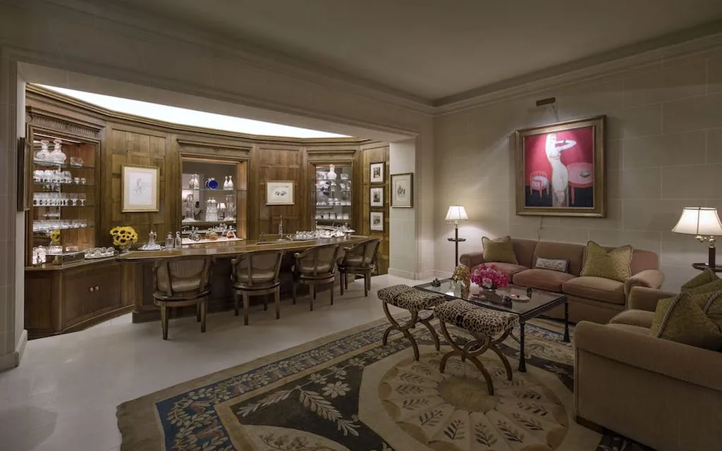 Chartwell Estate: One of the Most Iconic Estates in Bel Air Los Angeles 10 Private bar lounge at Chartwell Estate with built-in cabinetry and seating area in Bel Air Los Angeles