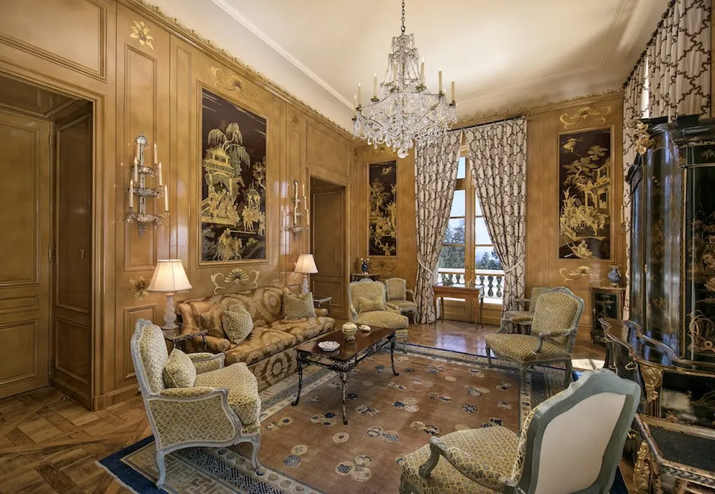 Chartwell Estate: One of the Most Iconic Estates in Bel Air Los Angeles 8 Private salon at Chartwell Estate with wood-paneled walls and classic European decor in Bel Air Los Angeles