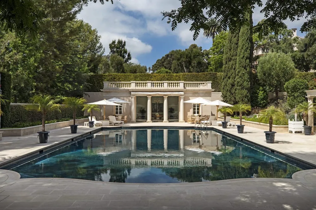 Chartwell Estate: One of the Most Iconic Estates in Bel Air Los Angeles 13 Swimming pool at Chartwell Estate with pavilion and landscaped grounds in Bel Air Los Angeles
