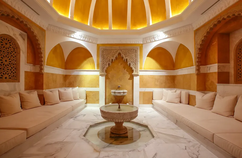 Hacienda de la Paz: One of the Largest Private Estates in California 10 Hacienda de la Paz hammam spa with marble seating carved arches and warm ambient lighting