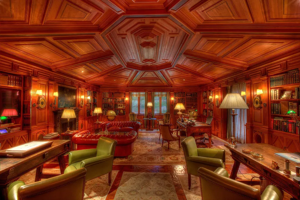 Hacienda de la Paz: One of the Largest Private Estates in California 4 Hacienda de la Paz library with detailed wood paneling leather seating and classic study design