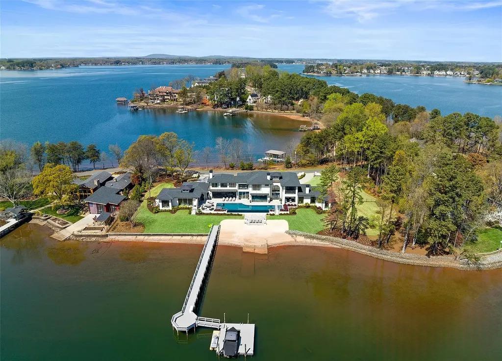 Lake Norman Estate Blends Architectural Precision With Private Waterfront Living 12 Aerial view of Lake Norman waterfront estate with private dock and shoreline in Cornelius North Carolina