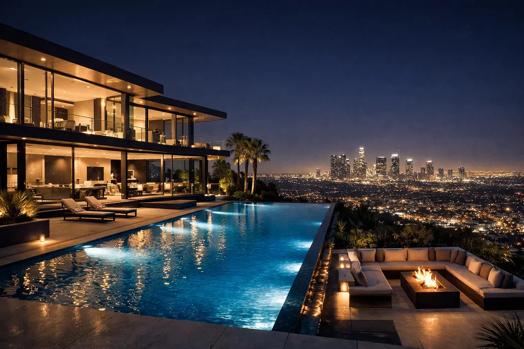 California Luxury Real Estate Market Guide 4 Modern hillside mansion in Los Angeles with panoramic city skyline views at night