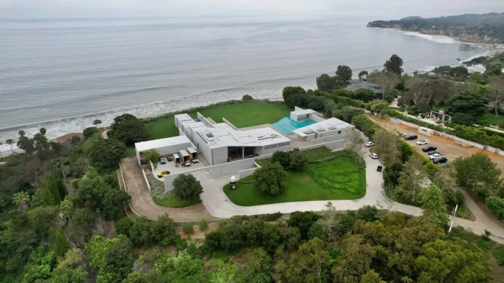 Most Expensive Homes Ever Sold in California 6 Aerial view of Malibu oceanfront estate showing direct coastline positioning and large property scale