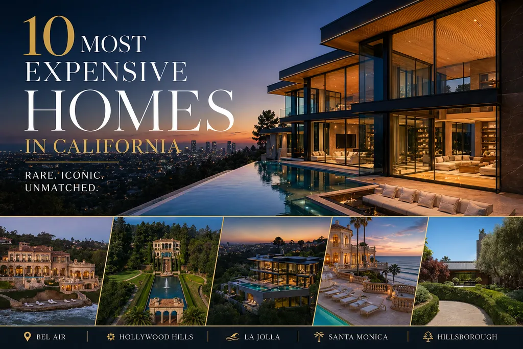 Most Expensive Homes in California 1 Most expensive homes in California featuring luxury mansions in Los Angeles, Bel Air, and coastal estates with panoramic views