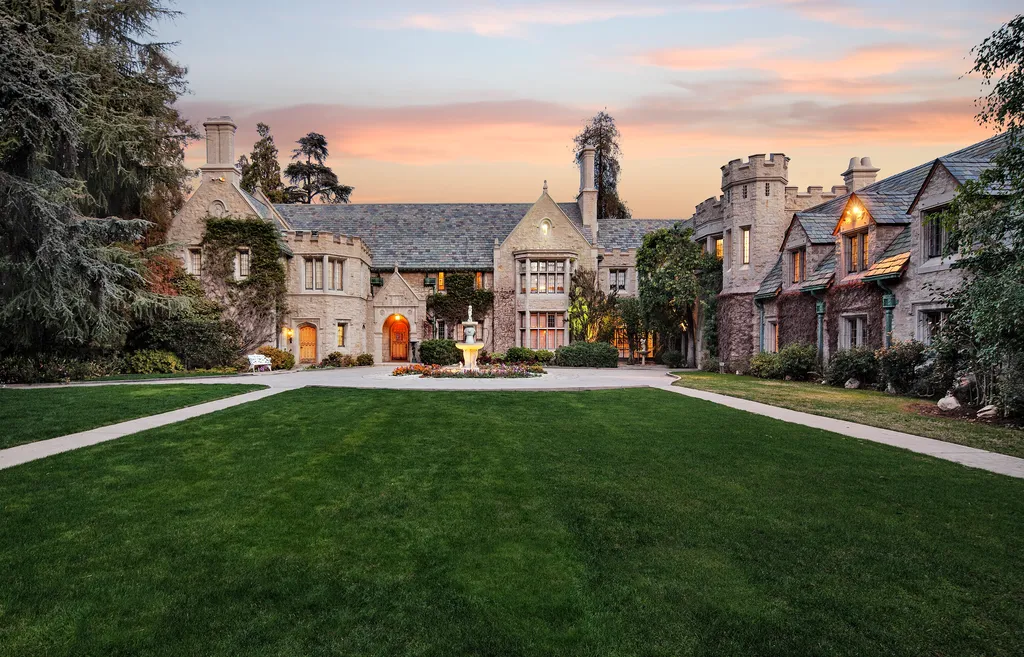 Most Expensive Homes Ever Sold in California 22 Playboy Mansion exterior courtyard in Holmby Hills with classic architecture and landscaped grounds