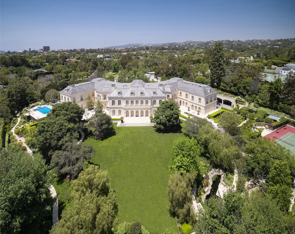 Most Expensive Homes Ever Sold in California 18 Aerial view of The Manor Holmby Hills showing massive estate grounds and surrounding landscape