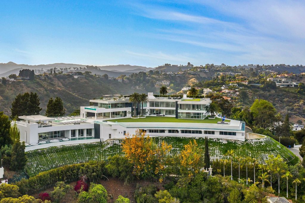 Most Expensive Homes Ever Sold in California 16 Aerial view of The One Bel Air showing massive estate layout and hillside positioning in Los Angeles