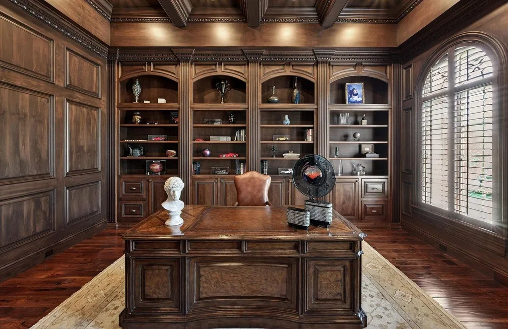 Inside a $13.5 Million Mediterranean Mansion in Ruby Hill, Pleasanton 7 Executive office inside 1515 Germano Way featuring custom wood paneling, coffered ceilings, built-in shelving, and luxury traditional design.