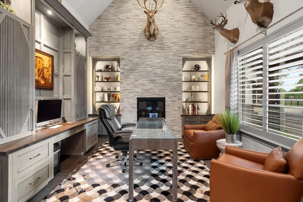 A Multigenerational Texas Estate in Tomball Lists for $6,000,000 With Resort Grounds and Private Guest Residence 4 Private executive home office with custom built-ins and fireplace at 5 Willowcreek Ranch Dr in Tomball TX