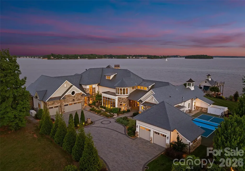 Lake Norman’s Ultimate Peninsula Estate Lists for $18,500,000 in Norman Estates 2 Aerial view of 8515 Norman Estates Dr luxury waterfront estate on Lake Norman in Denver NC