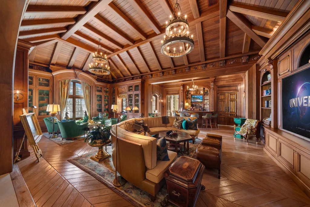 Inside Florida’s Most Ambitious Private Estate: The Oaks Emerges as a $115 Million Benchmark in Tampa Bay 6 Gentleman’s lounge at The Oaks Estate featuring wood paneling, vaulted ceilings, and a private bar in Tampa, Florida