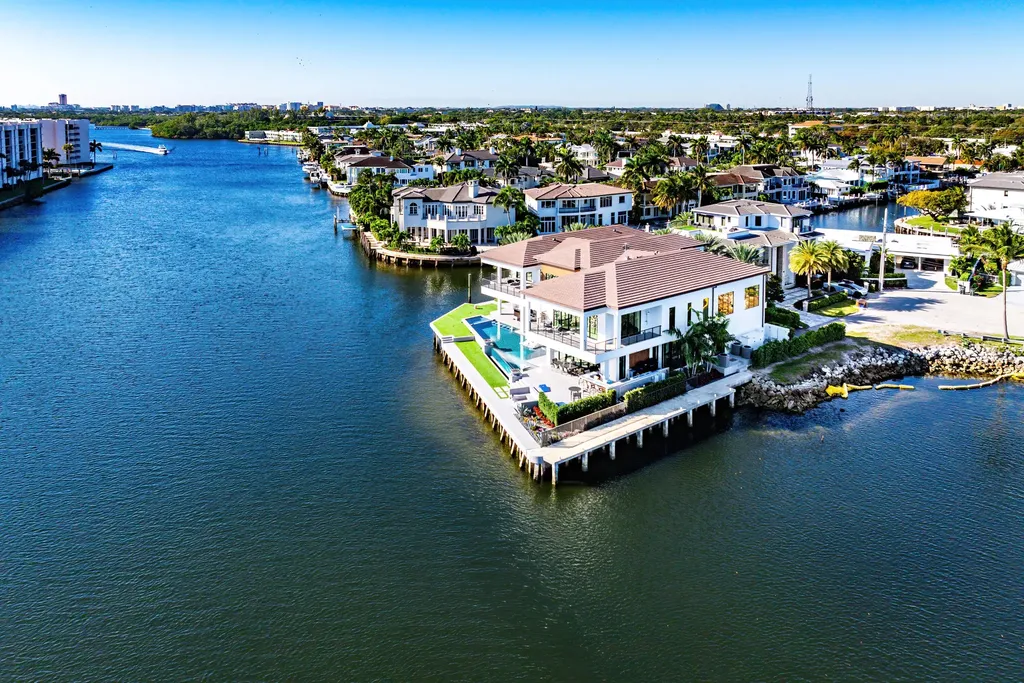Boca Raton’s Trinity Point Estate Lists for $32.5 Million With 368 Feet of Intracoastal Frontage 13 Aerial view of Trinity Point Estate in Boca Raton showcasing its rare point lot, private dock, and expansive Intracoastal frontage