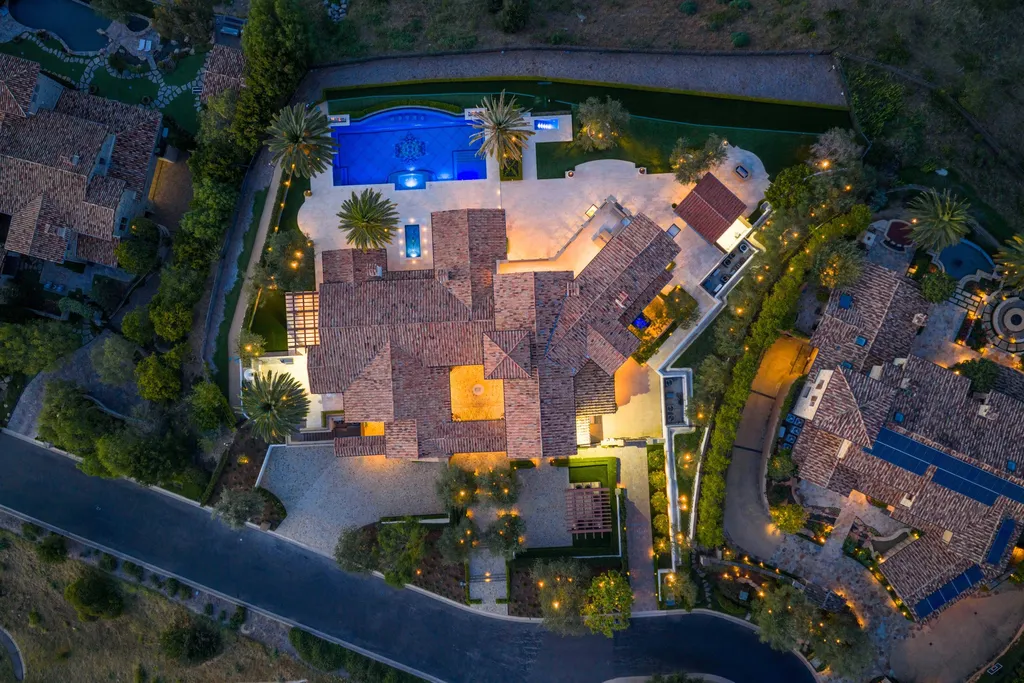 $38,500,000 Shady Canyon Estate in Irvine Blends Contemporary European Design With Nearly an Acre of Privacy 13 Aerial view of 76 Golden Eagle estate in Shady Canyon showcasing the mansion, resort-style pool, courtyards, and nearly one acre of landscaped grounds