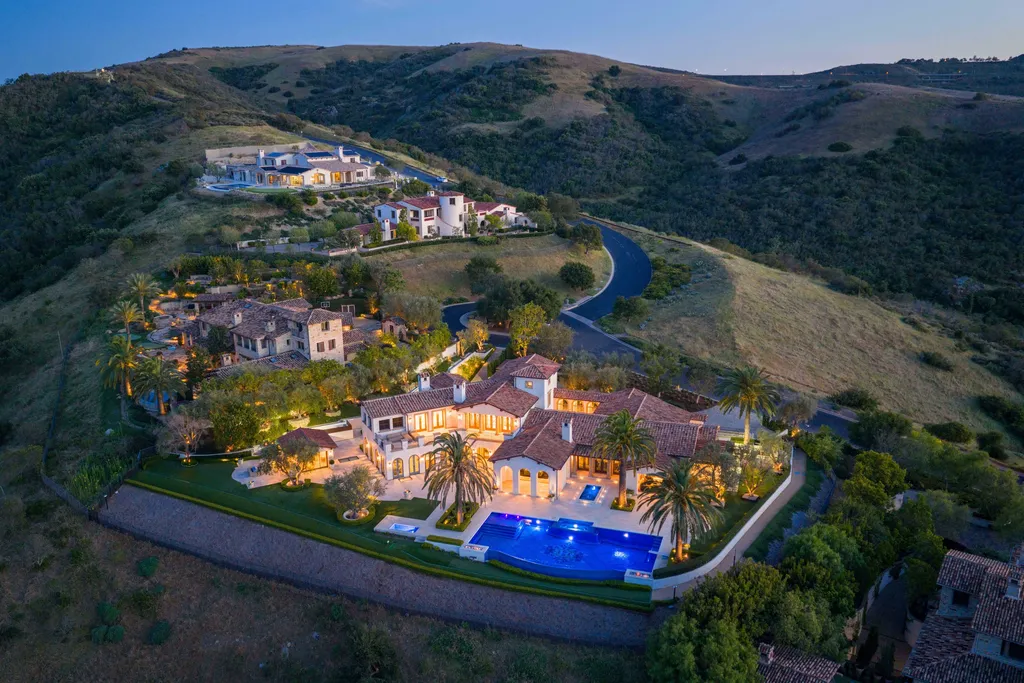 $38,500,000 Shady Canyon Estate in Irvine Blends Contemporary European Design With Nearly an Acre of Privacy 2 Aerial view of the luxury estate at 76 Golden Eagle in Shady Canyon Irvine showcasing nearly one acre of grounds, resort-style pool, and surrounding hills