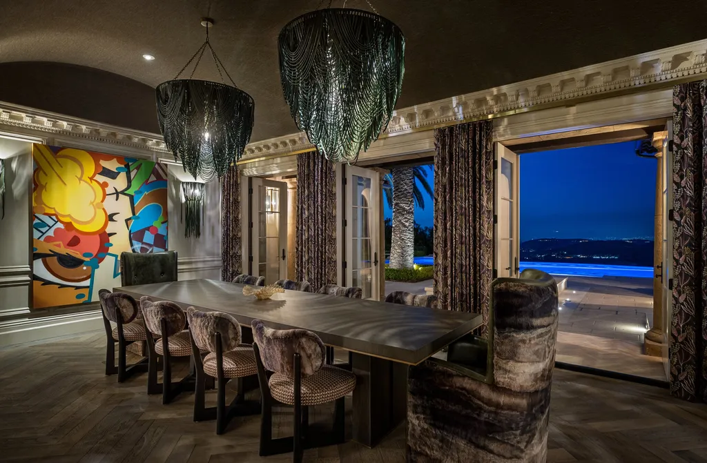 $38,500,000 Shady Canyon Estate in Irvine Blends Contemporary European Design With Nearly an Acre of Privacy 7 Formal dining room at 76 Golden Eagle in Shady Canyon featuring designer chandeliers, custom finishes, and panoramic evening views