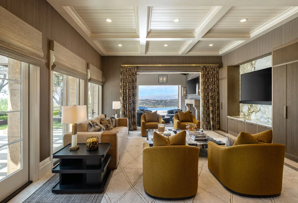 $38,500,000 Shady Canyon Estate in Irvine Blends Contemporary European Design With Nearly an Acre of Privacy 5 Elegant living room inside 76 Golden Eagle in Shady Canyon featuring custom millwork, contemporary furnishings, and panoramic canyon views