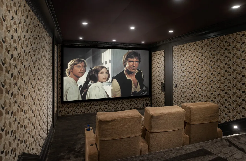 $38,500,000 Shady Canyon Estate in Irvine Blends Contemporary European Design With Nearly an Acre of Privacy 8 Private home theater at 76 Golden Eagle in Shady Canyon featuring luxury seating, immersive entertainment technology, and custom interior finishes