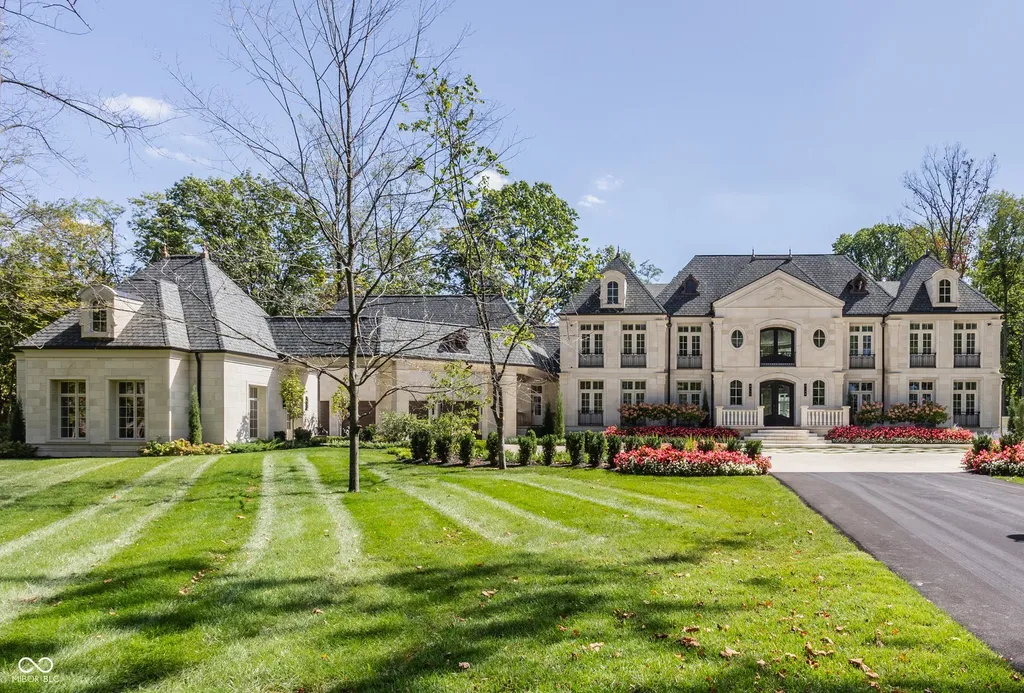 Newly Built $11.9 Million European-Inspired Estate Debuts on 14 Wooded Acres in Carmel, Indiana 1 Front exterior of the $11.9 million European-inspired luxury estate at 10585 Hussey Lane in Carmel, Indiana