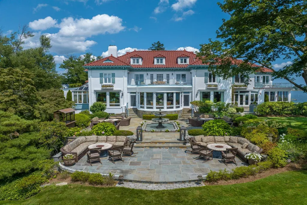Connecticut’s Most Expensive Home Hits the Market for $100 Million: Historic Waterfront Estate Cedar Cliff Debuts in Greenwich 9 Rear elevation of Cedar Cliff estate featuring landscaped terraces and waterfront gardens in Riverside Connecticut